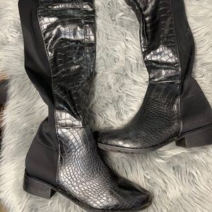 Snake skin flat thigh high boots